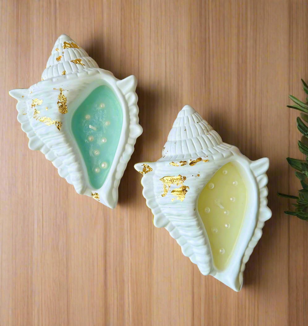Conch Shell Container Soy Wax Candle – Handmade Scented Candle in Jesmonite Vessel | Unique Housewarming Gift